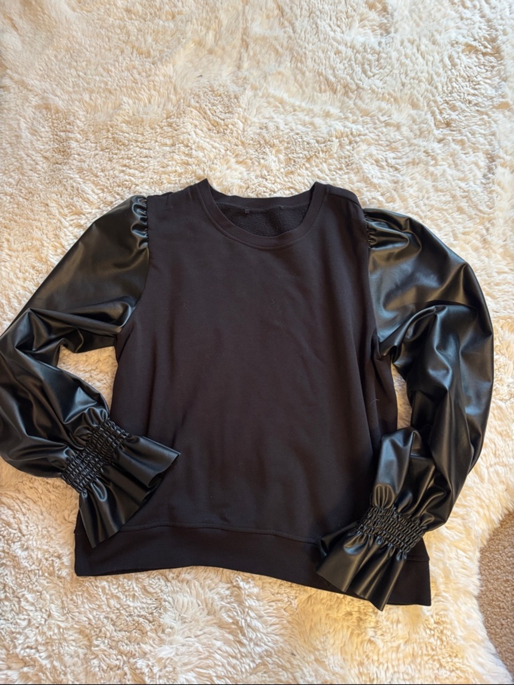 Democracy Black Faux Leather Puff Sleeve Sweatshirt